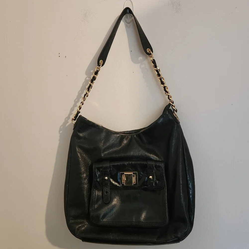 Badgley Mischka‎ Black Leather Shoulder Bag Gold Chain Strap & Hardware
